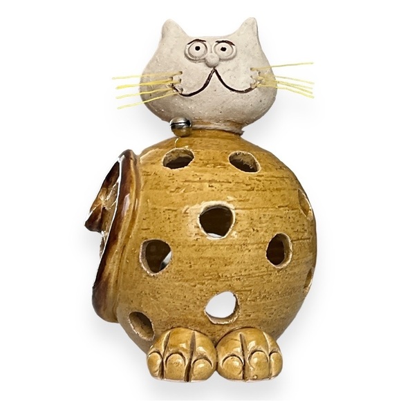 Handmade Stoneware Fat Cat Pottery Lamp Sculpture Tealight Candle Lantern Holder - Picture 1 of 10